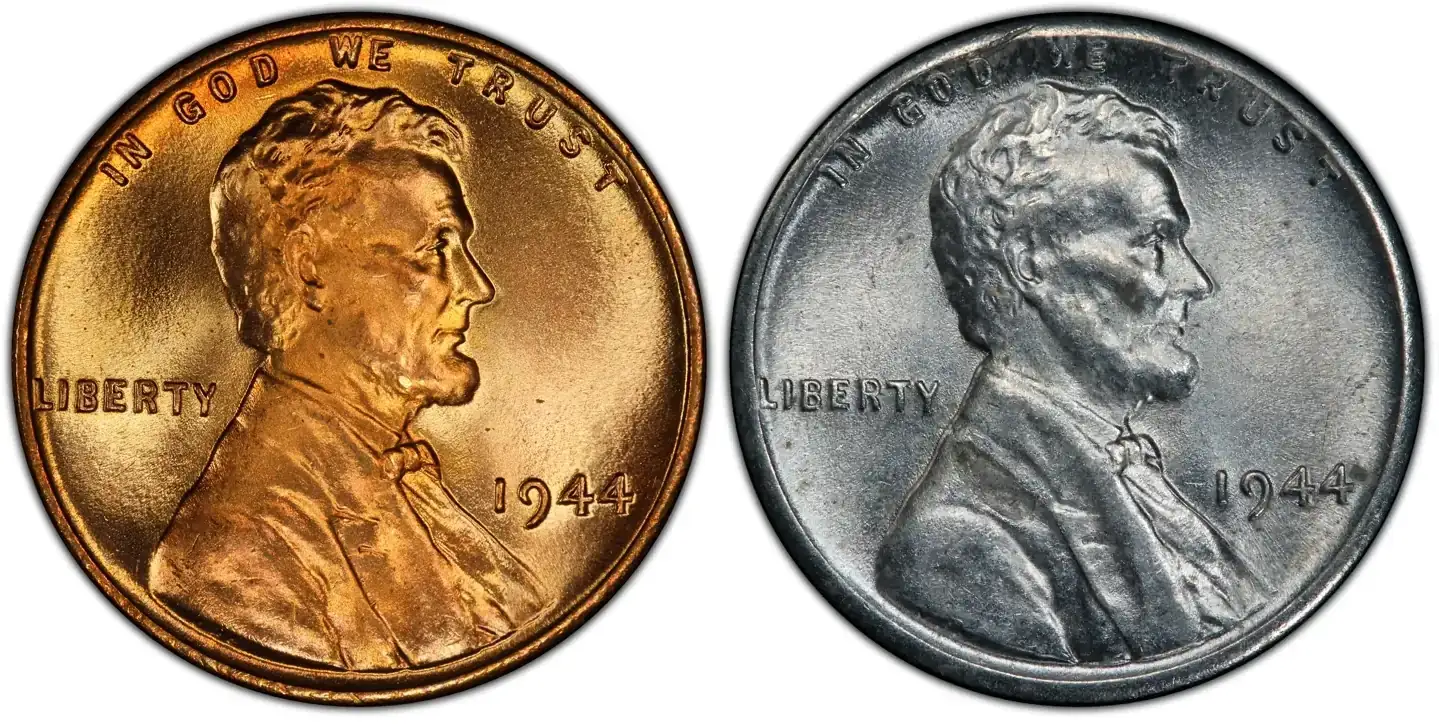 Two Linkoln penny examples: obverse of 1944 ordinary one and obverse of rare 1944 steel penny.
