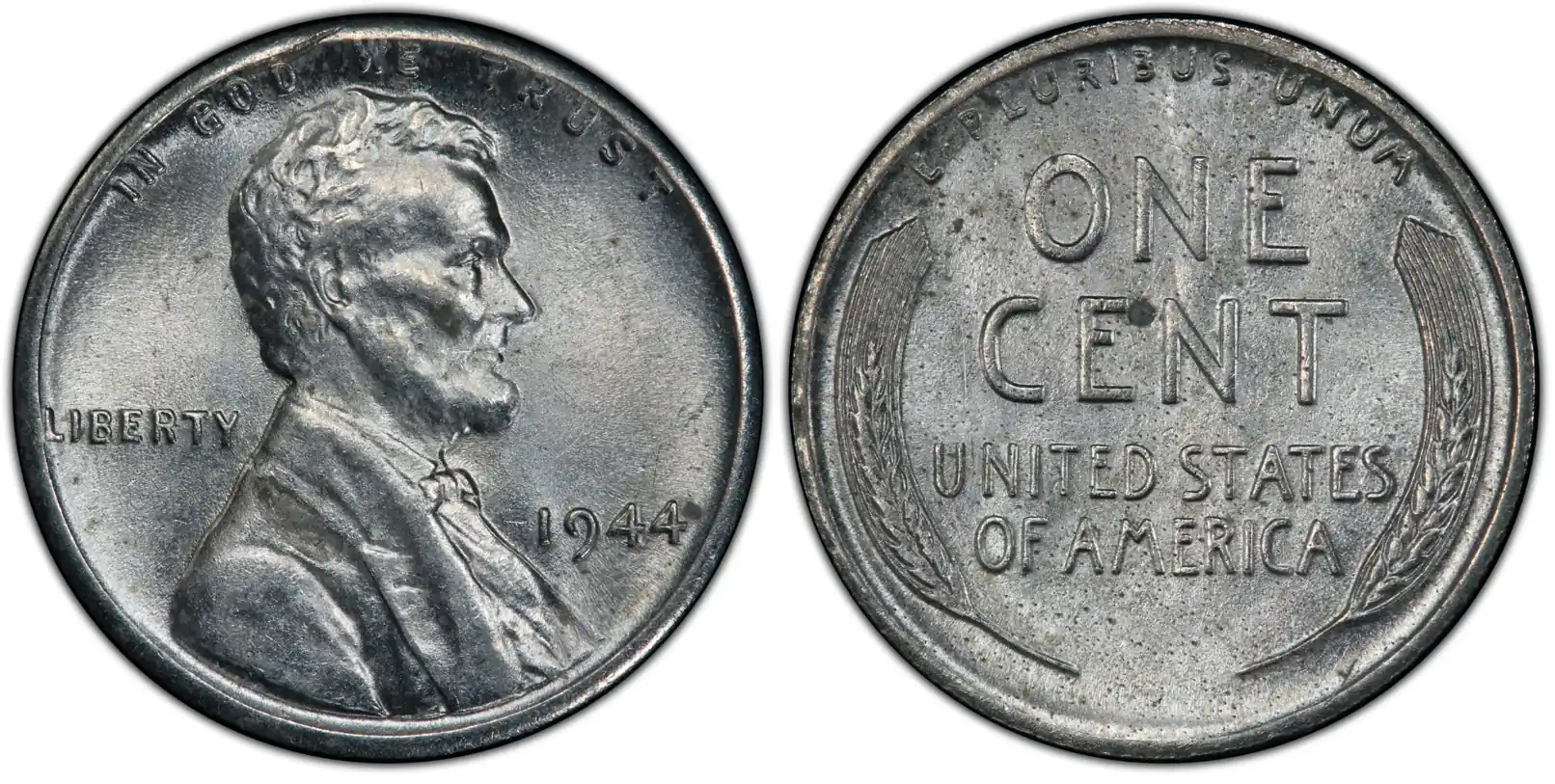 obverse and reverse of 1944 steel penny no mint mark (Philadelphia)
